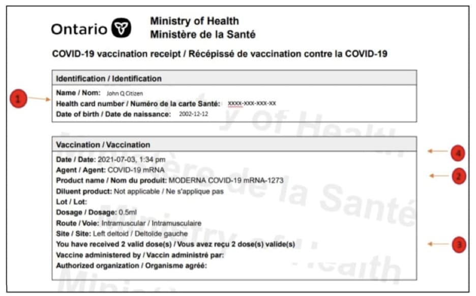 Example of Ontario vaccination proof.
